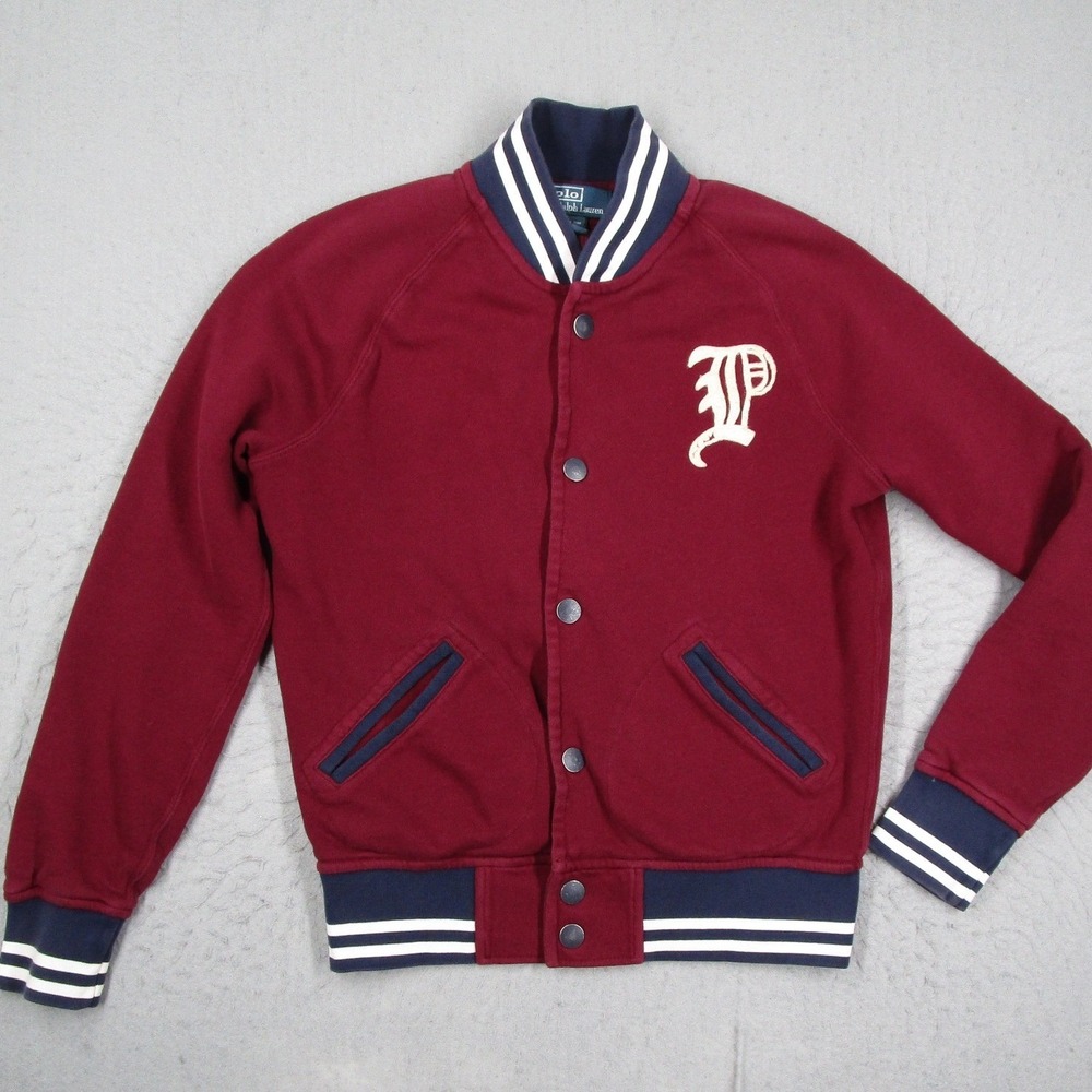 Polo Ralph Lauren Mens Varsity Jacket Burgundy Cotton Knit Letterman P Patch M